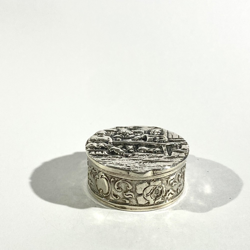 Vintage Solid Silver Italian Pillbox , Hallmarked with domestic scene