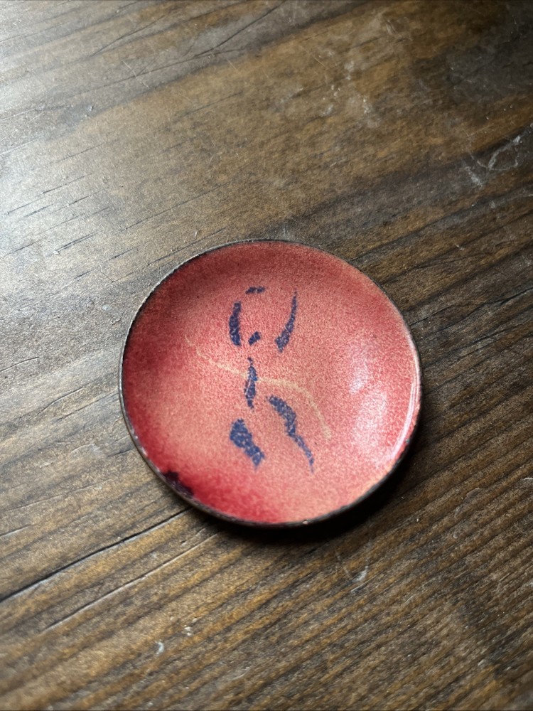 Vintage Rose Colored. Tiny Enamel Copper Ring Dish. With Abstract Blue Pattern.