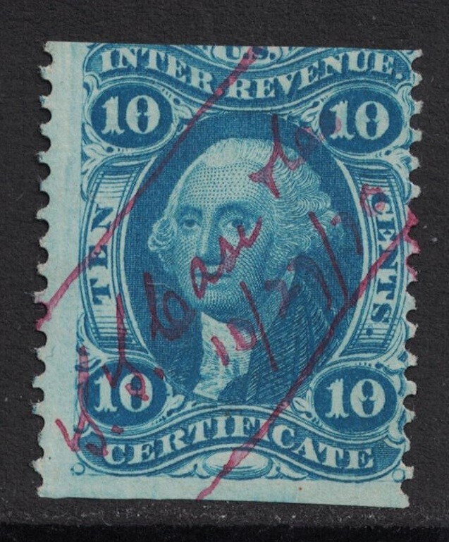 Scott R33b, Part Perf- Used- 10c Certificate- First Issue, U.S. Internal Revenue