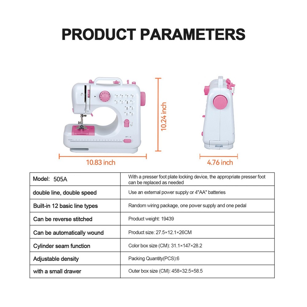 Mini Electric Sewing Machine 12 Stitches Double Thread Portable US Plug Pink