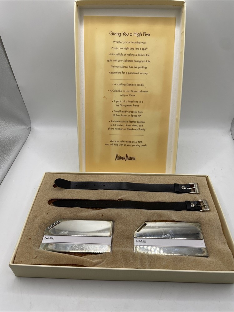 Neiman Marcus Heavy Silver Luggage Tags With Leather Straps