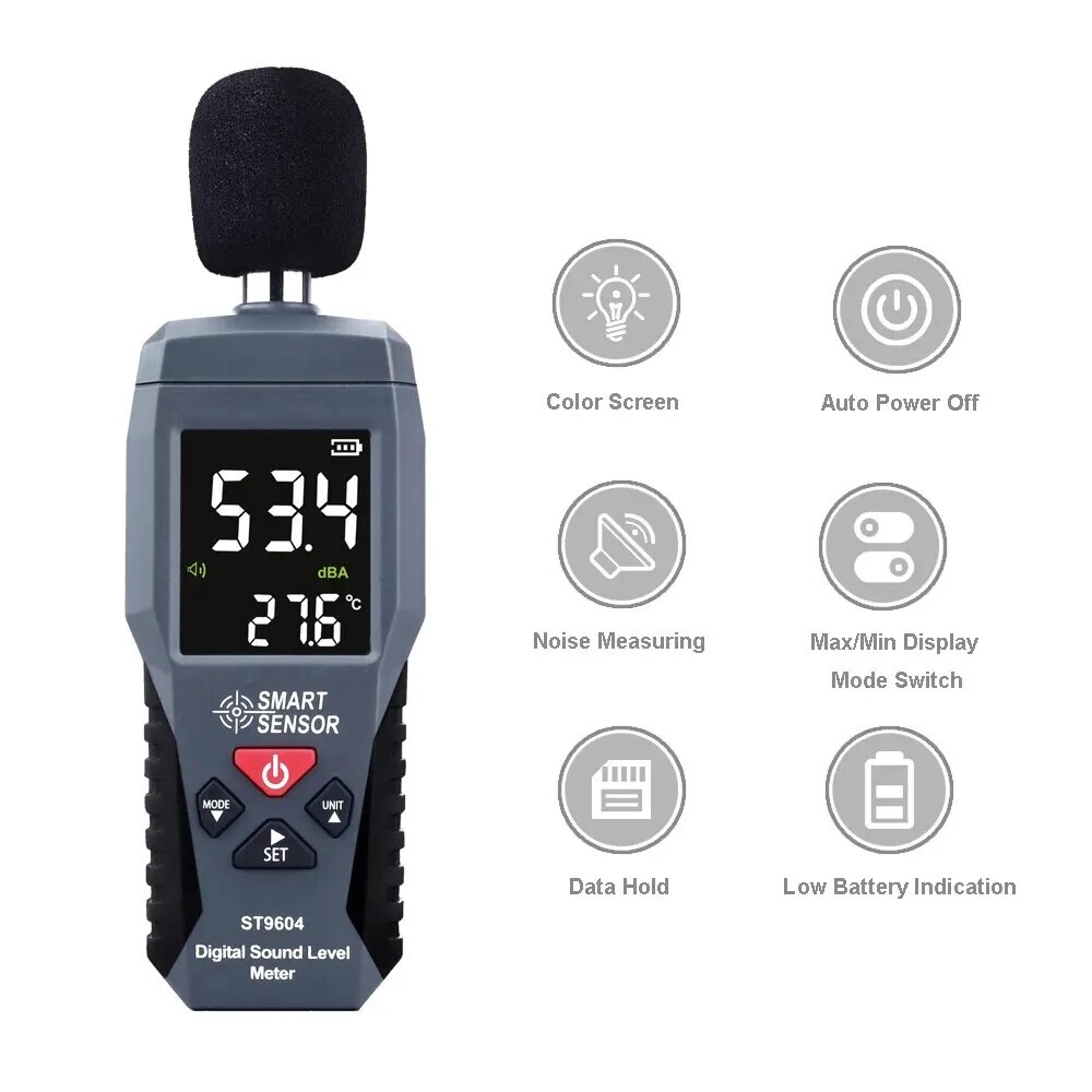 Decibel Meter LCD Backlight Sonometer Noise Meter With Thermometer Function=