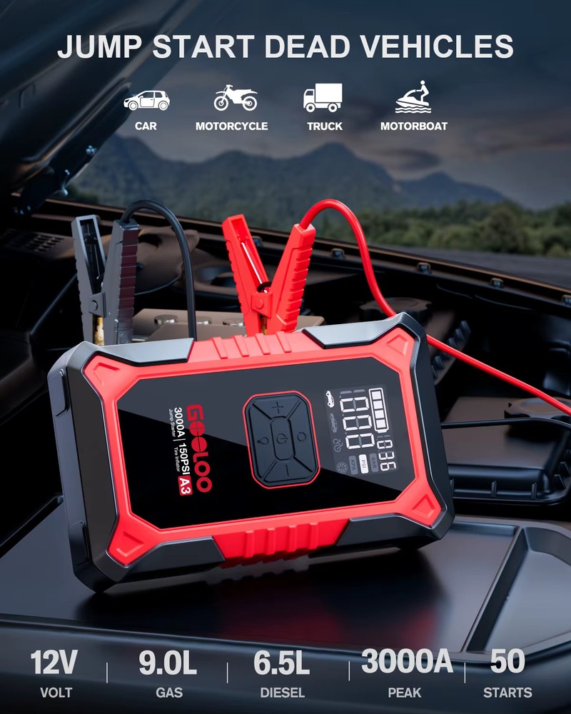 Jump Starter with Air Compressor, 3000A Portable Car Battery Booster