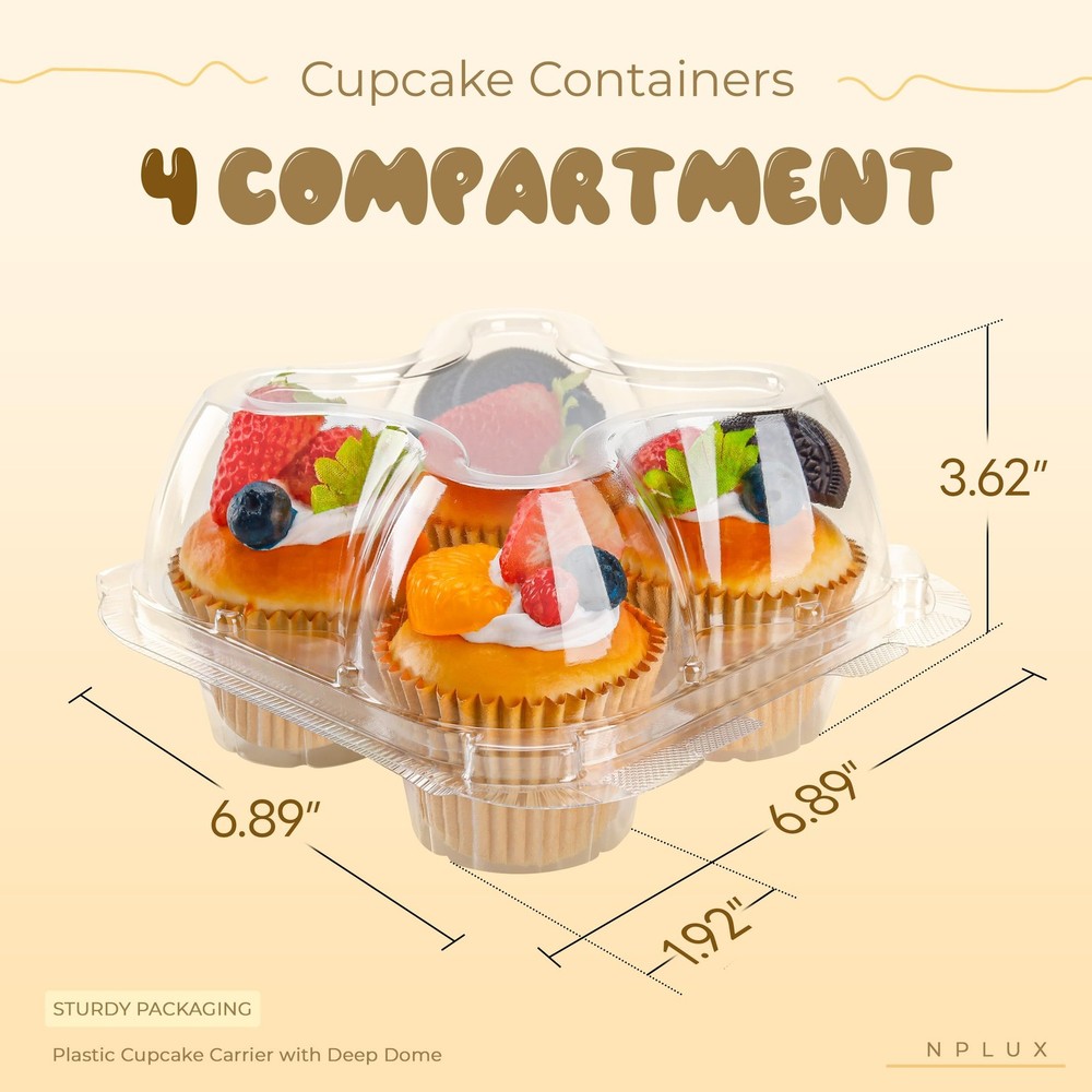 4 Compartment Cupcake Containers 60 Pack Holder with Connected Airtight Lid