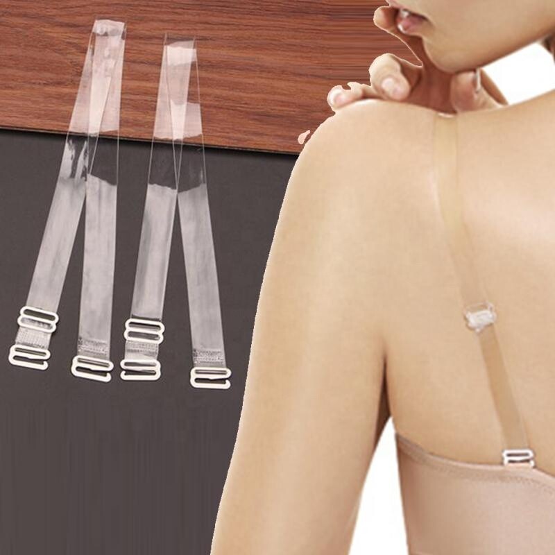 Pair Adjustable Detachable Transparent Clear Invisible Bra Straps Metal Hook