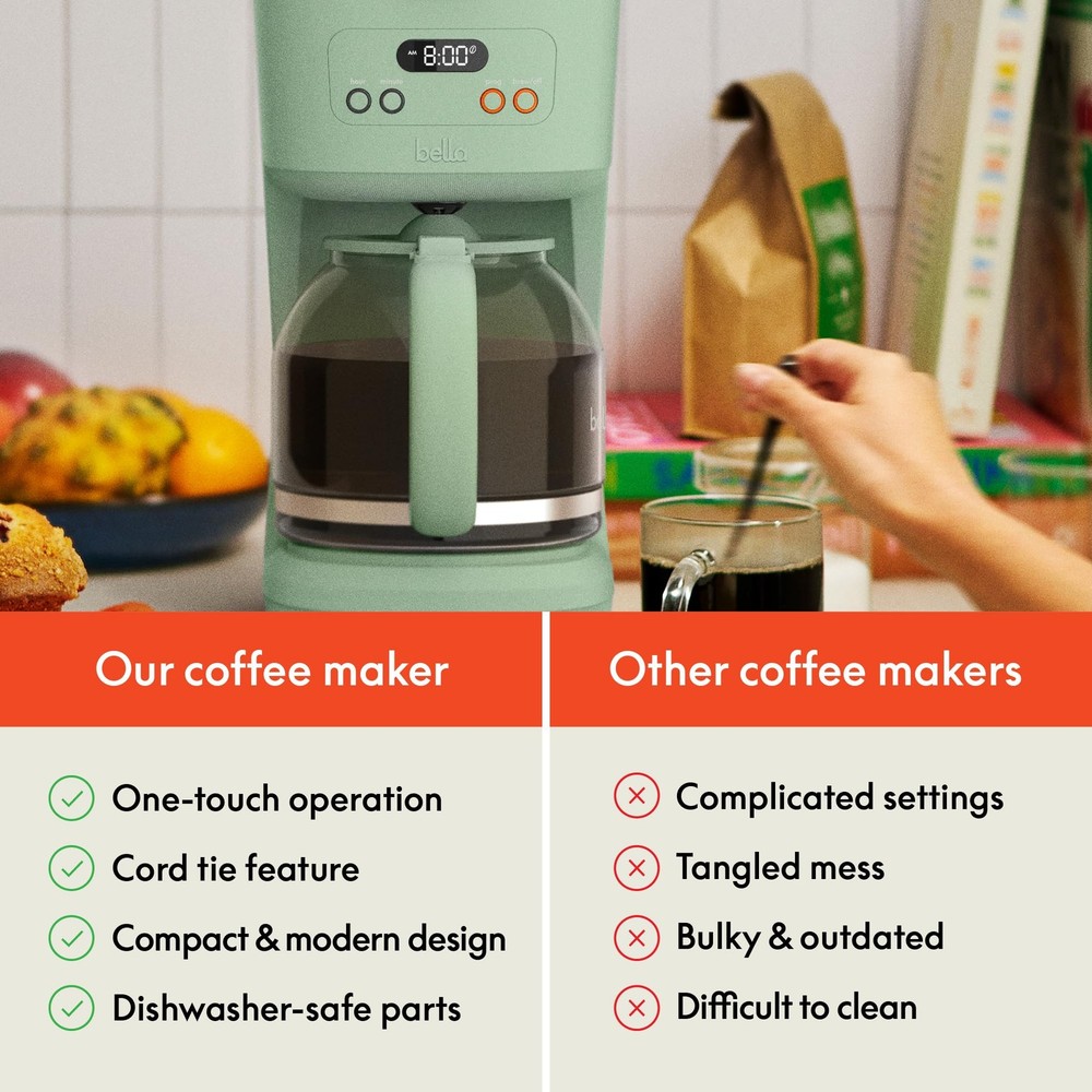 bella 12 Cup Programmable Coffee Marker, Reusable Dishwasher 12 cup, Seaglass