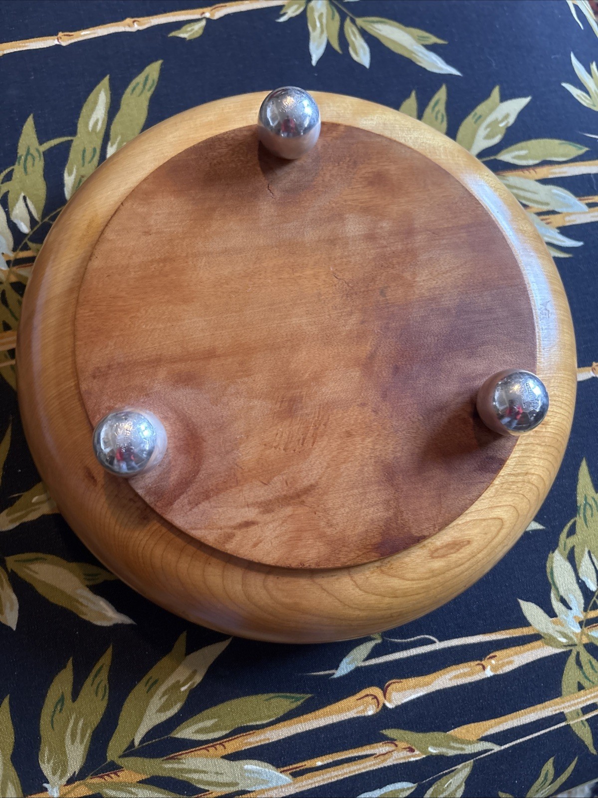 Solid Wood Salad Bowl 3 Sterling Silver Ball Feet Beautiful 9.5”