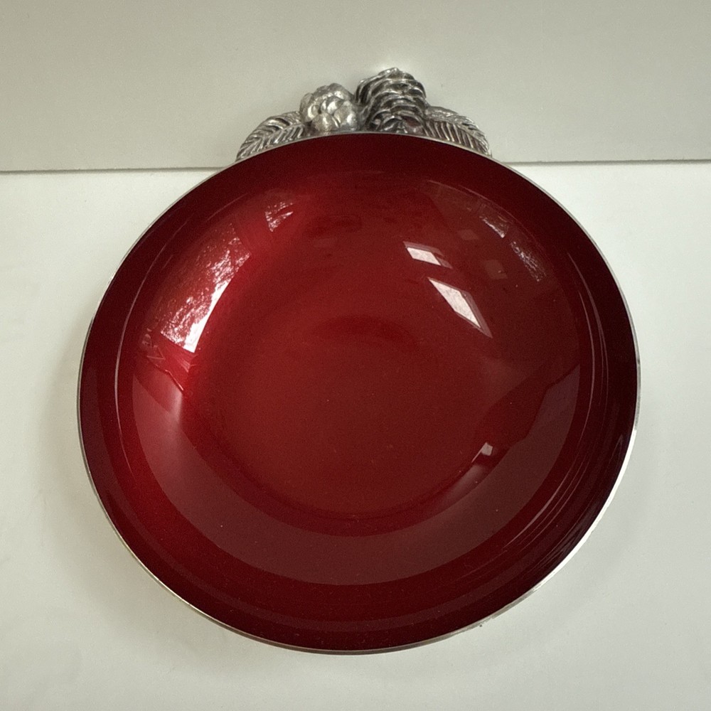Reed & Barton 192 Red Enamel Candy Dish Silver Plate Acorn Leaf Handle EUC