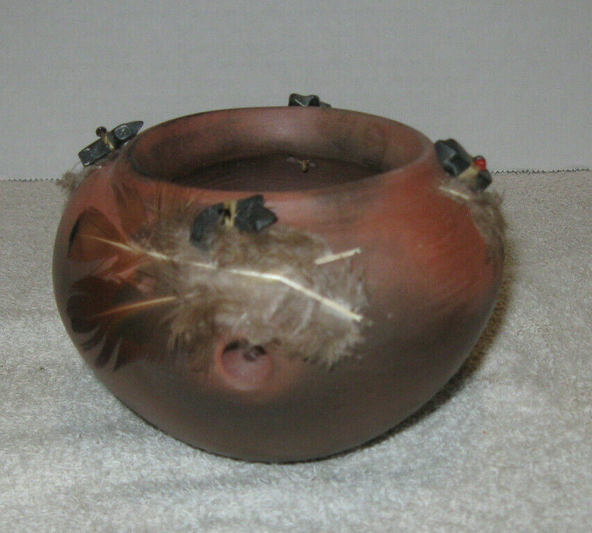 Vintage Handmade Bowl With Feathers