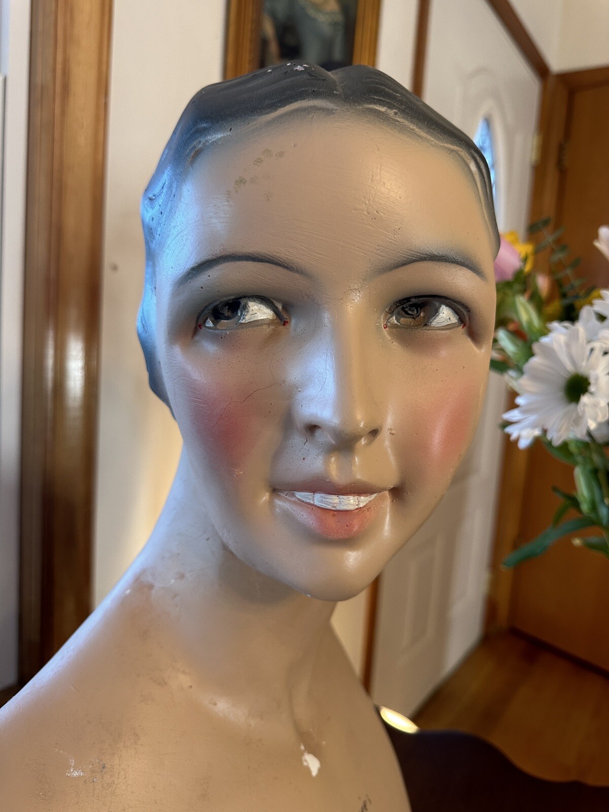 Vintage French Paris Lady Woman Hat Bust Head Champs Elysees Mannequin Plaster