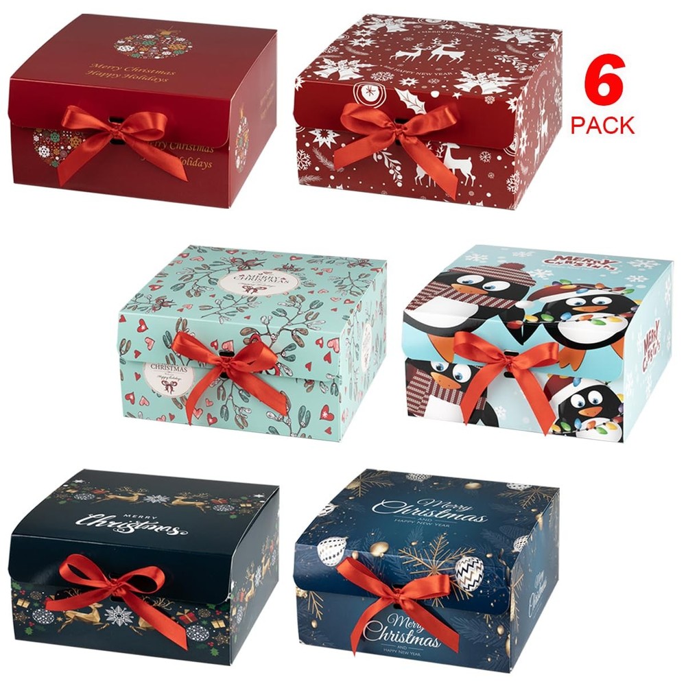 6 Pack Christmas Gift Boxes Lids Red Ribbon Themed Pattern Small Easy Assemble