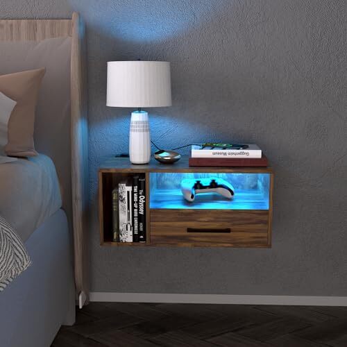 Floating Nightstand with Charging Station and LED Lights, Floating Rustic Brown
