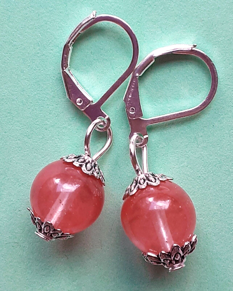 CHERRY QUARTZ round simple drop earring SP LEVERBACK HANDCRAFTED WPC18