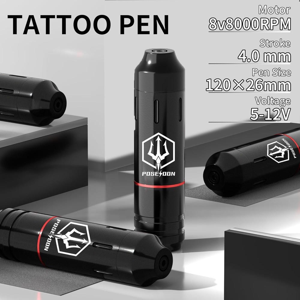 POSEIDON Tattoo Pen Set, Wireless Gun Kit Multicolor, Black