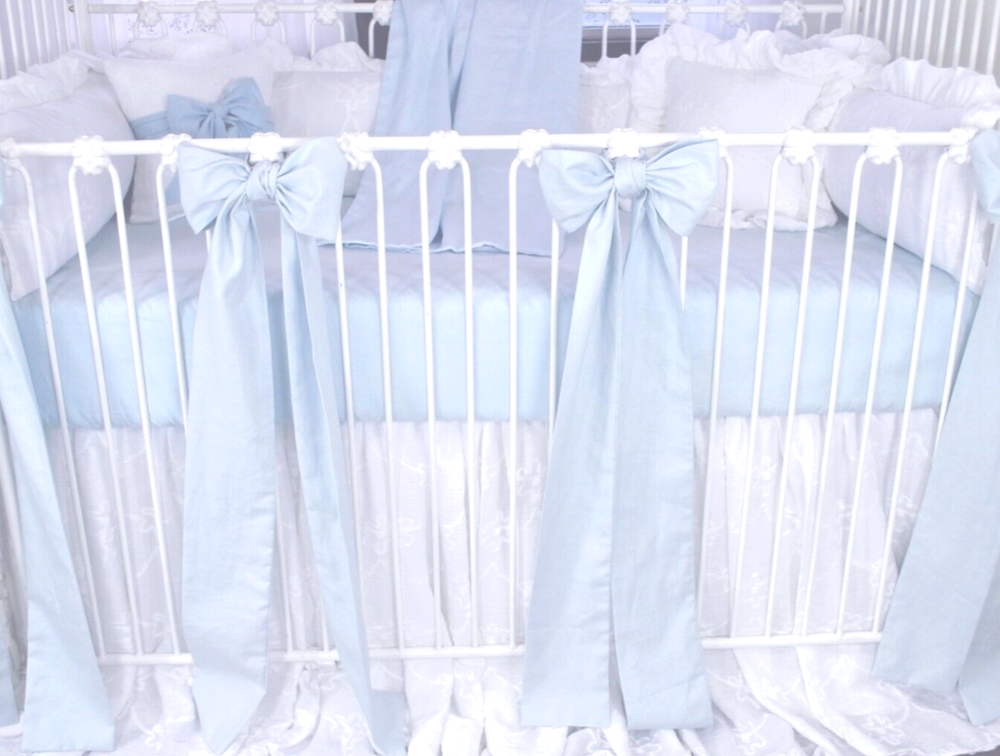 Baby Blue Linen Crib Sheet and Bows