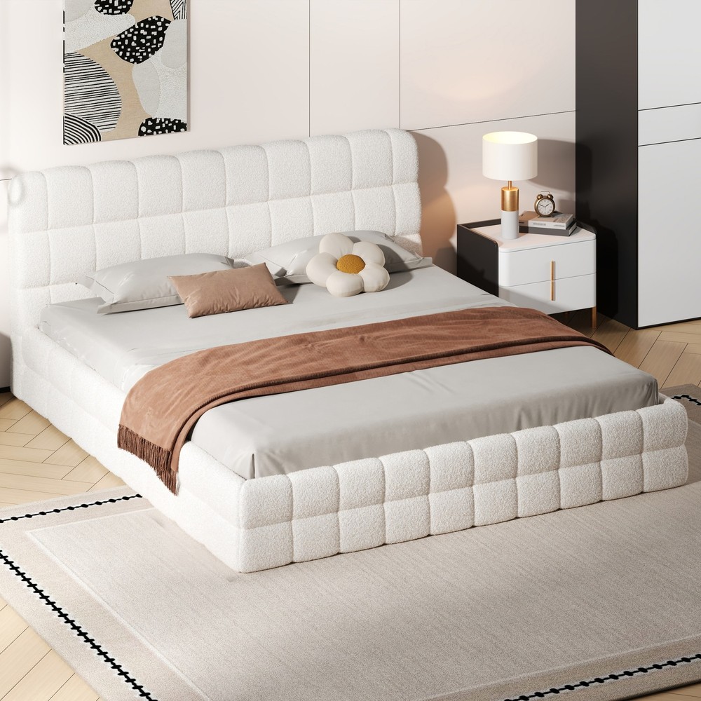 King Size Upholstered Platform Bed, White