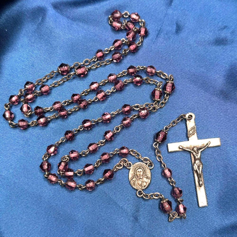 Antique Amethyst Color Czech Glass Bead 925 Sterling Silver Catholic Rosary