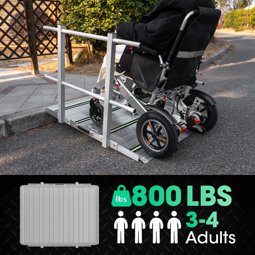 4FT Wheelchair Ramp with Handrails 36" Extra Wide Aluminum Threshold Ramp 800lbs
