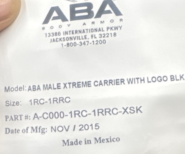 Concealable ABA Male Xtreme Tactical Armor CARRIER ONLY 1RC-1RRC Regular Fit