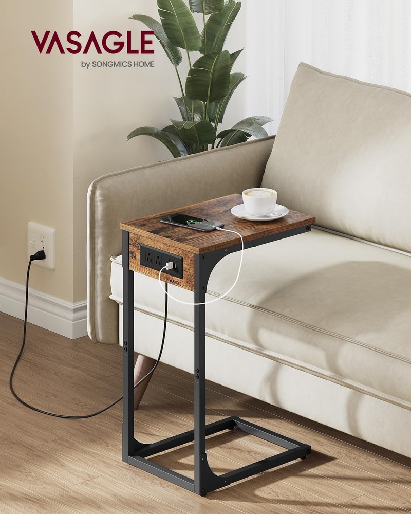 VASAGLE C-Shaped Side Table, End Table with Charging Station, C Table for Cou...