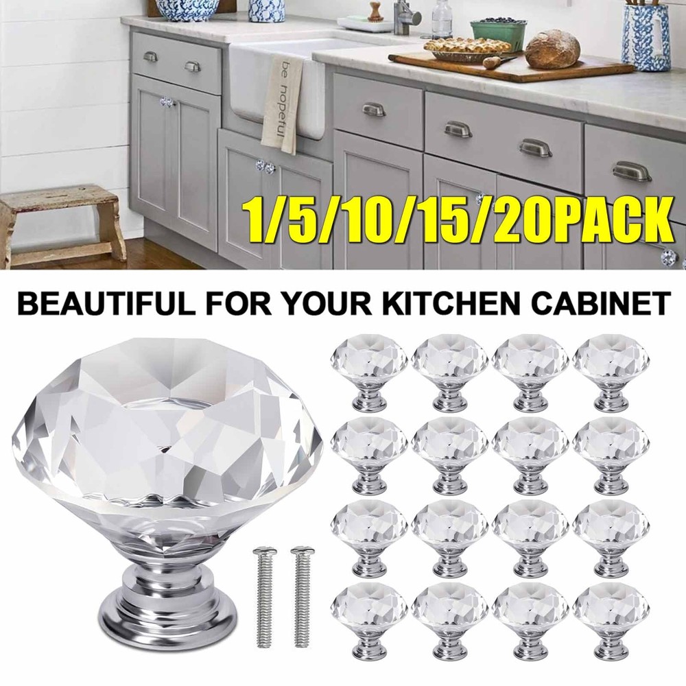 1-20PCS Crystal Glass Knobs Drawer Pulls Kitchen Bathroom Cabinet Dresser Handle
