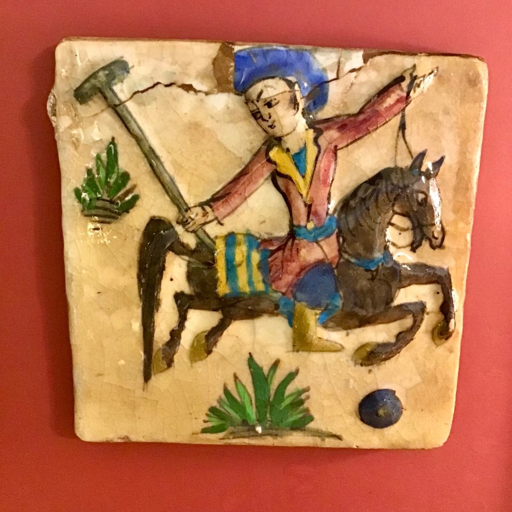 Framed Persian Qajar Handmade Ceramic Tile Polo Age Unknown