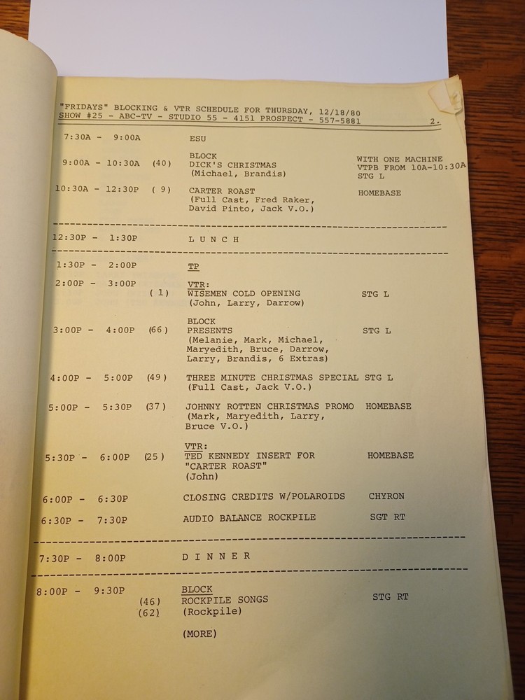 "Fridays" ABC-TV Studio 55 Dry Blocking Schedule & Script Dec 1980, JRR16