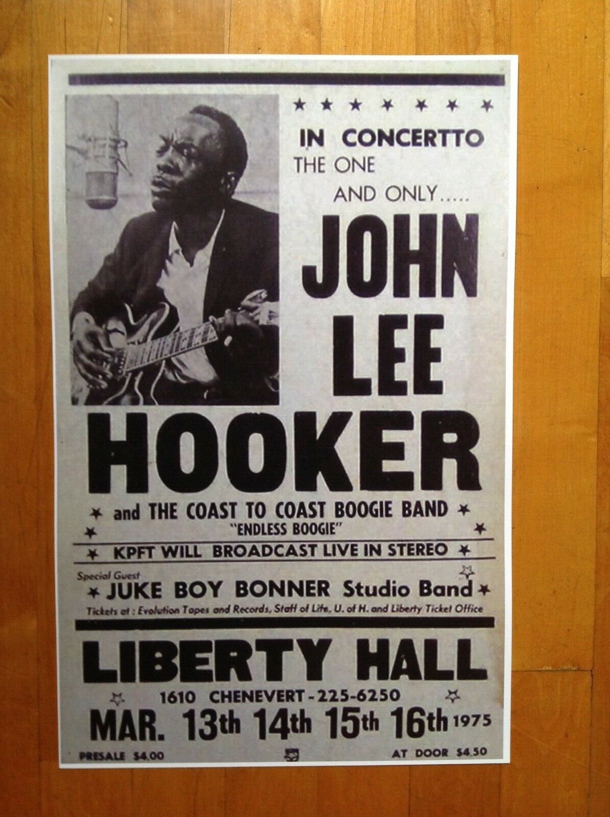 John Lee Hooker at The Liberty Hall Theatre Concert Poster 1975  11 X 17