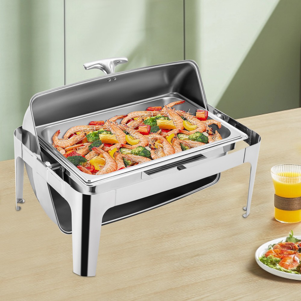 9.5QT Stainless Steel Rectangular Roll Top Chafing Dish Buffet Set Pan Chafer US