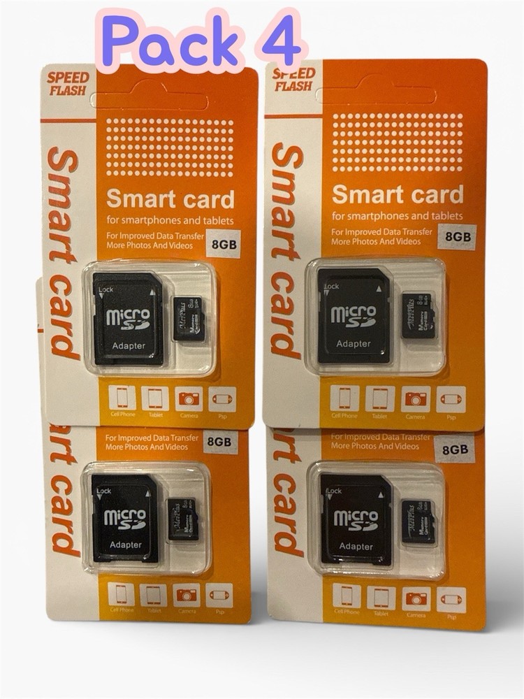 Speed Flash High Speed 8GB MicroSD Memory Card with Adapter. (Pack 4) MeiPlus