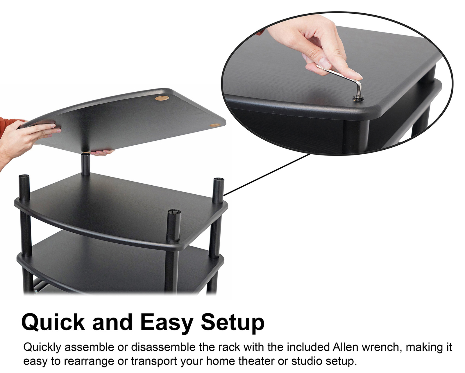 Rockville FLX BLACK Adjustable Height 4 Shelf Home Theater A/V Audio Rack Stand