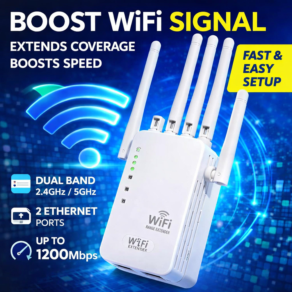 1200Mbps WiFi Extender – Dual Band 2.4G/5G Signal Booster w/ Ethernet