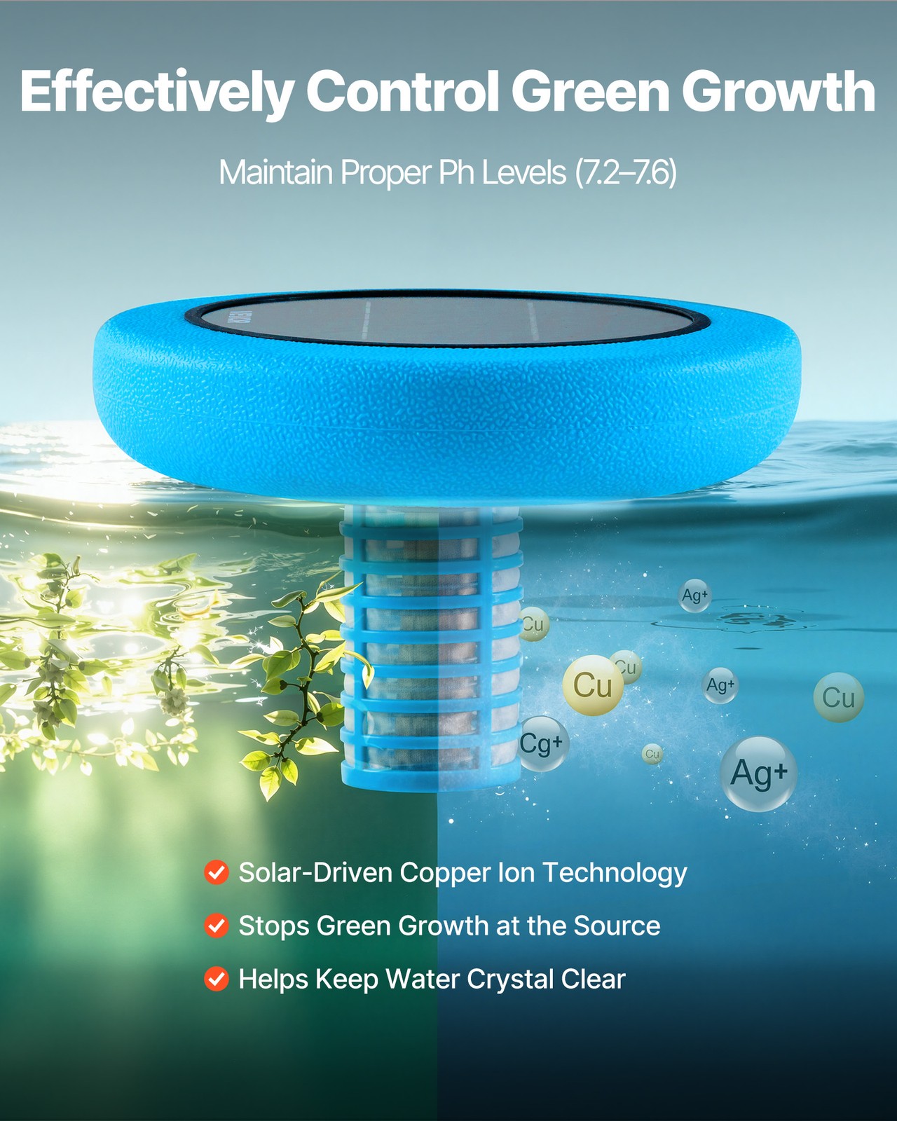 VEVOR Solar Pool Ionizer Round Copper Pool Ionizer Up to 45000 Gal for Pool Blue