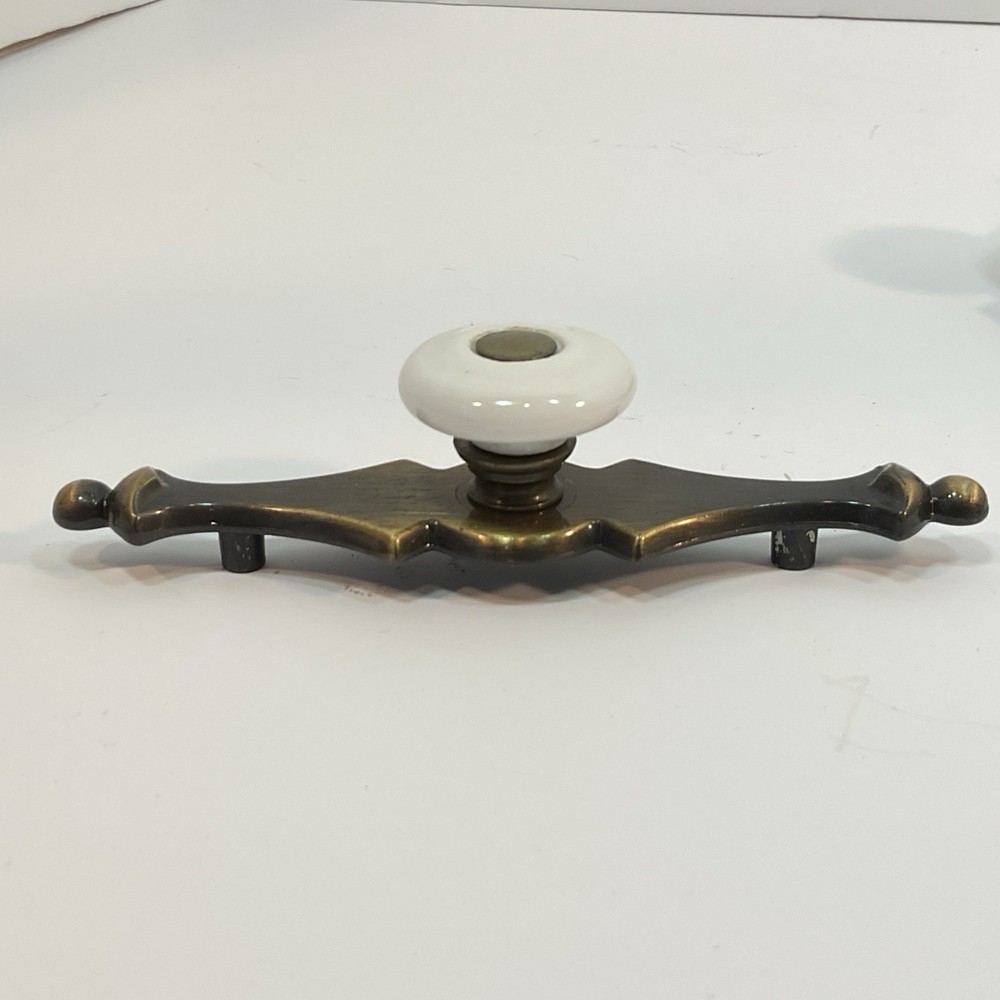 2 Vintage Amerock Porcelain Cabinet Drawer Knobs Pulls Bronze Brass Backplate 5”