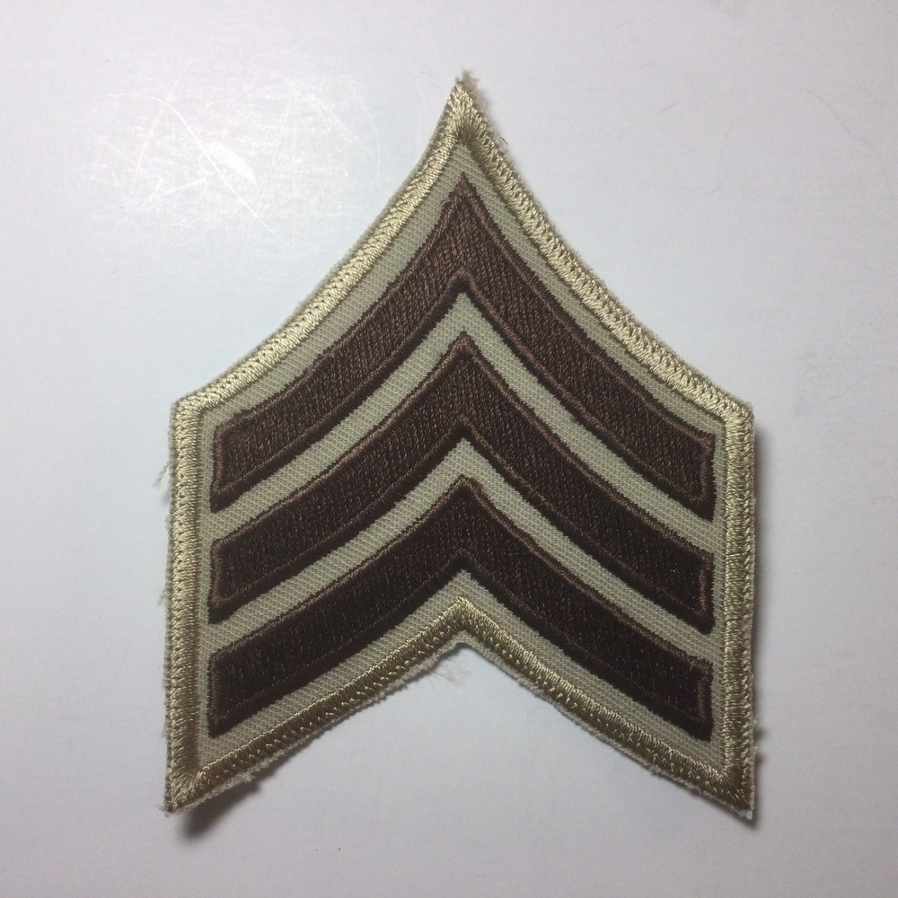 (2) Sergeant Chevron Patch - 3 Brown Stripes - Tan Twill - Tan Border