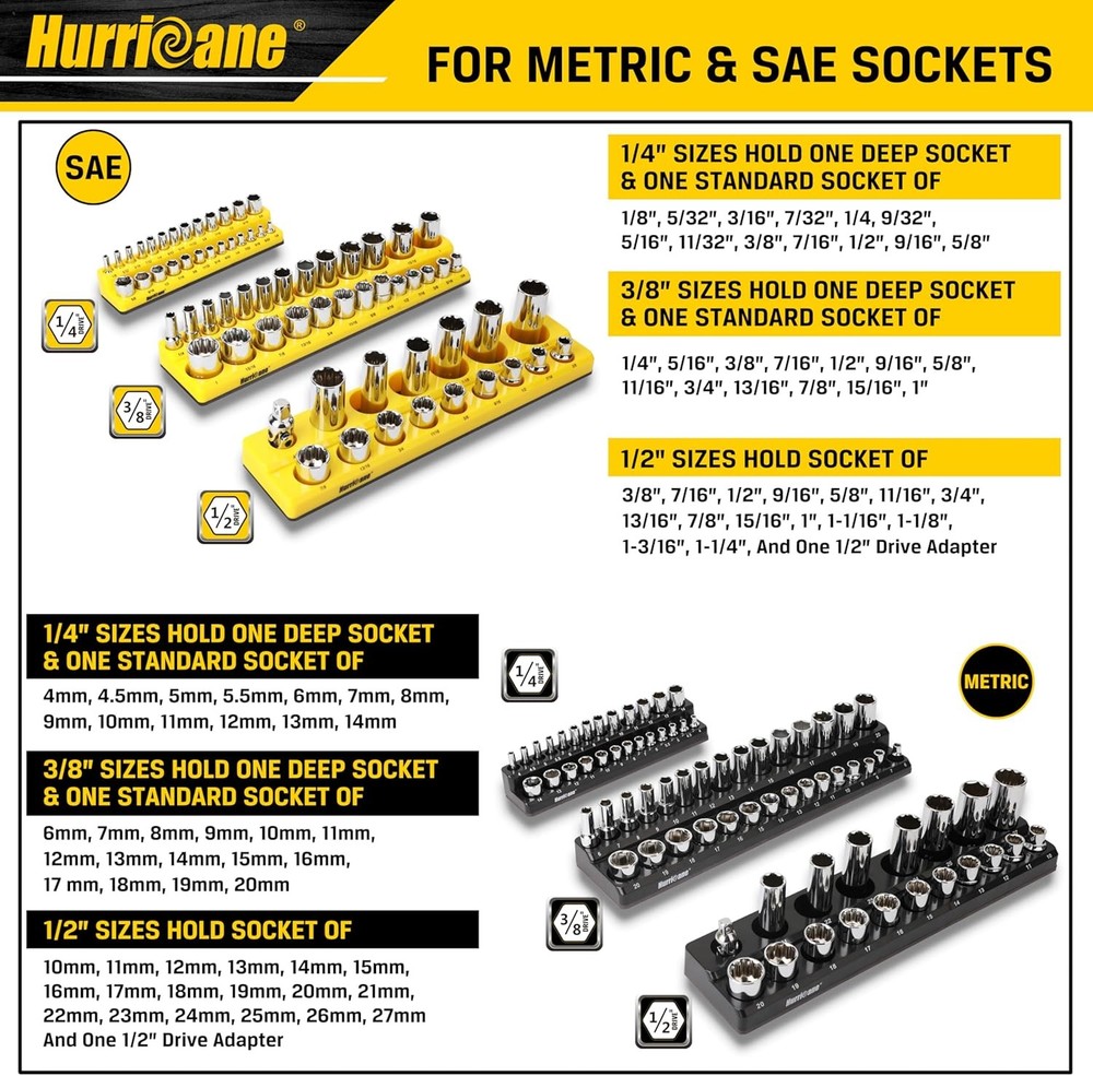 Magnetic Socket Organizer Set, 6 Piece Socket Holder Set Includes 1/4"