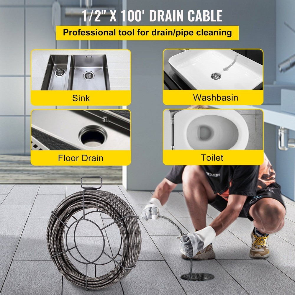 Drain Cleaning Cable 100 Ft x 1/2 In Solid Core Cable Drain Auger Cable Cleaner