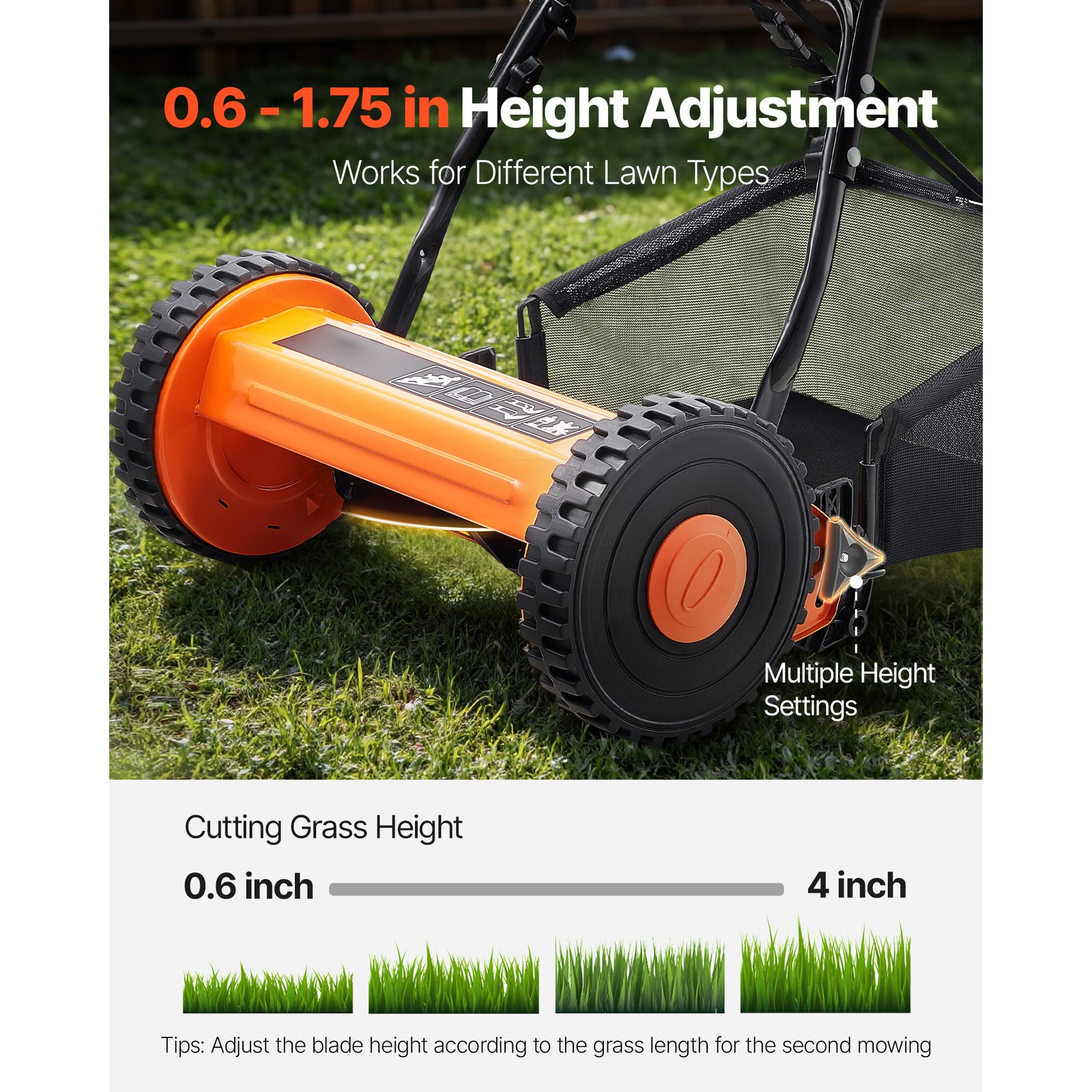 14" Manual Push Reel Lawn Mower 5-Blade Adjustable Height Grass Catcher 2 Wheels