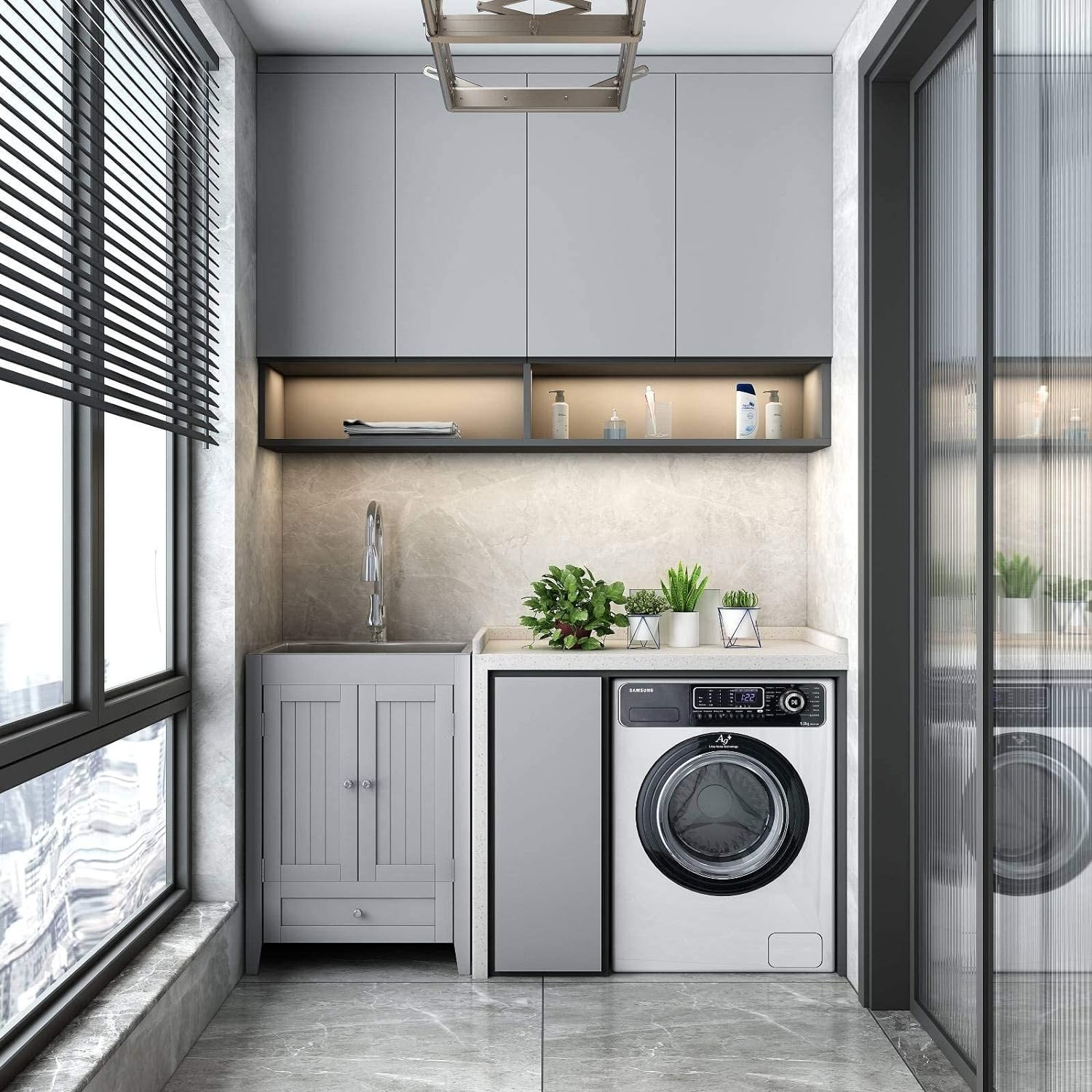 Stainless Steel Utility Sink with Cabinet and Pull-Down Faucet for Laundry Room