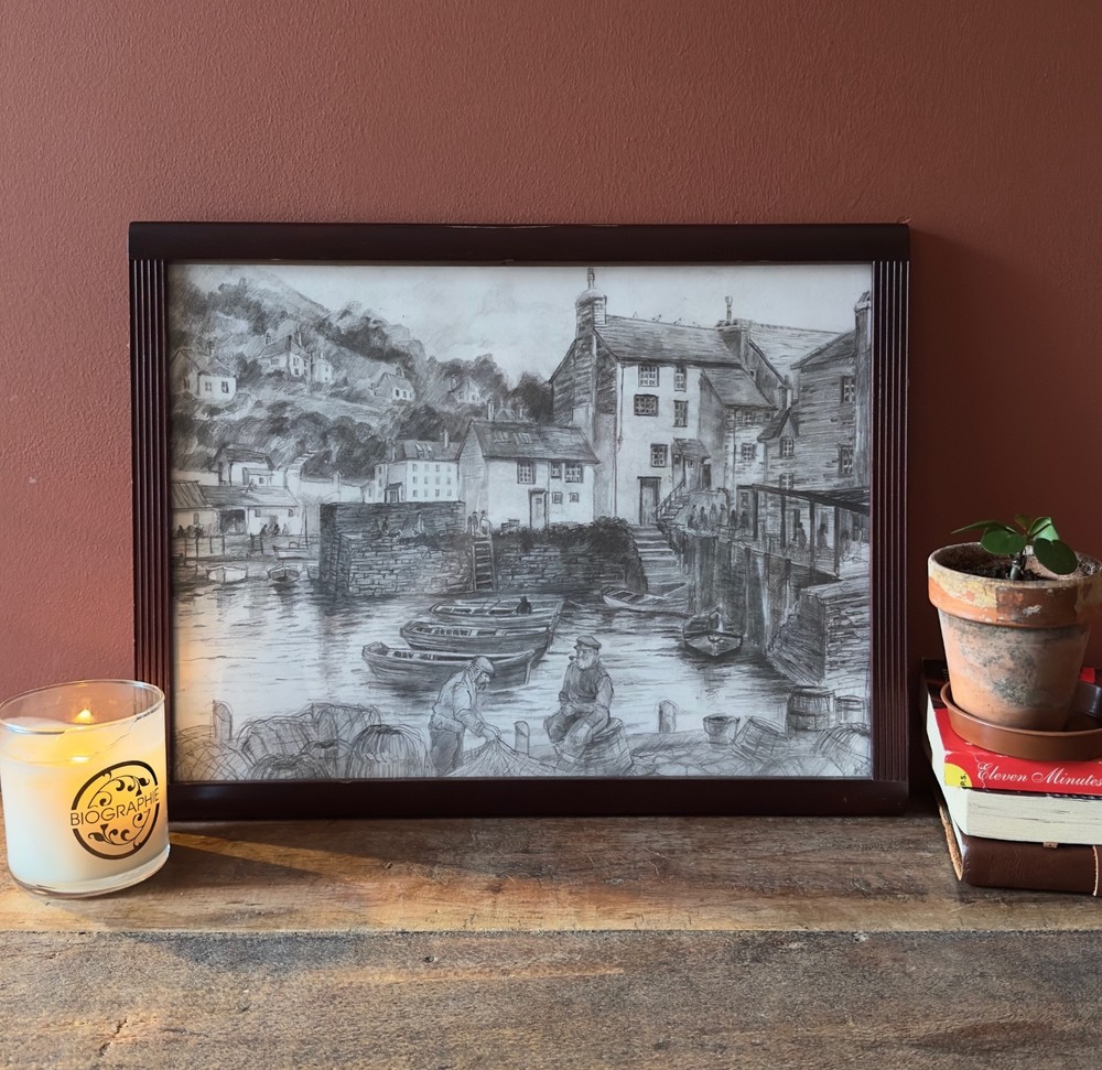 Original Coastal Harbour Pencil Drawing Boats Signed 2007 Framed Art