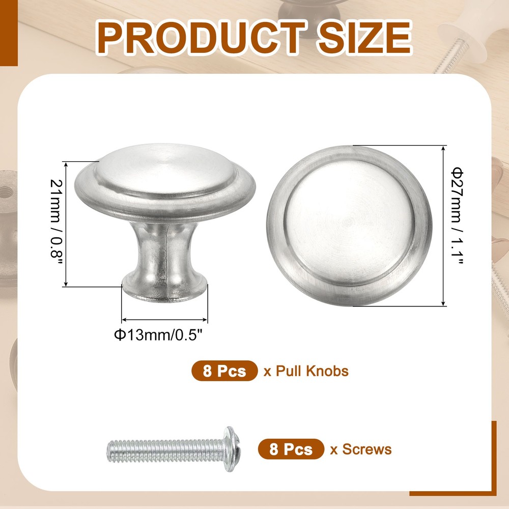 8 Pcs Stainless Steel Knobs, Single Hole Pull with Screw, 27mm Silver