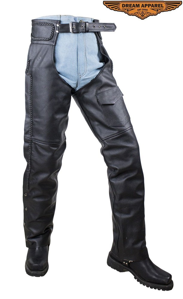 Black Quality Split Leather Men's Motorcycle Biker Braided Chaps W/ Mesh lining
