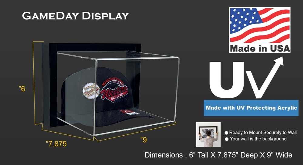 Framed Acrylic Wall Mount Hat Display Case UV Protecting Secure Mount