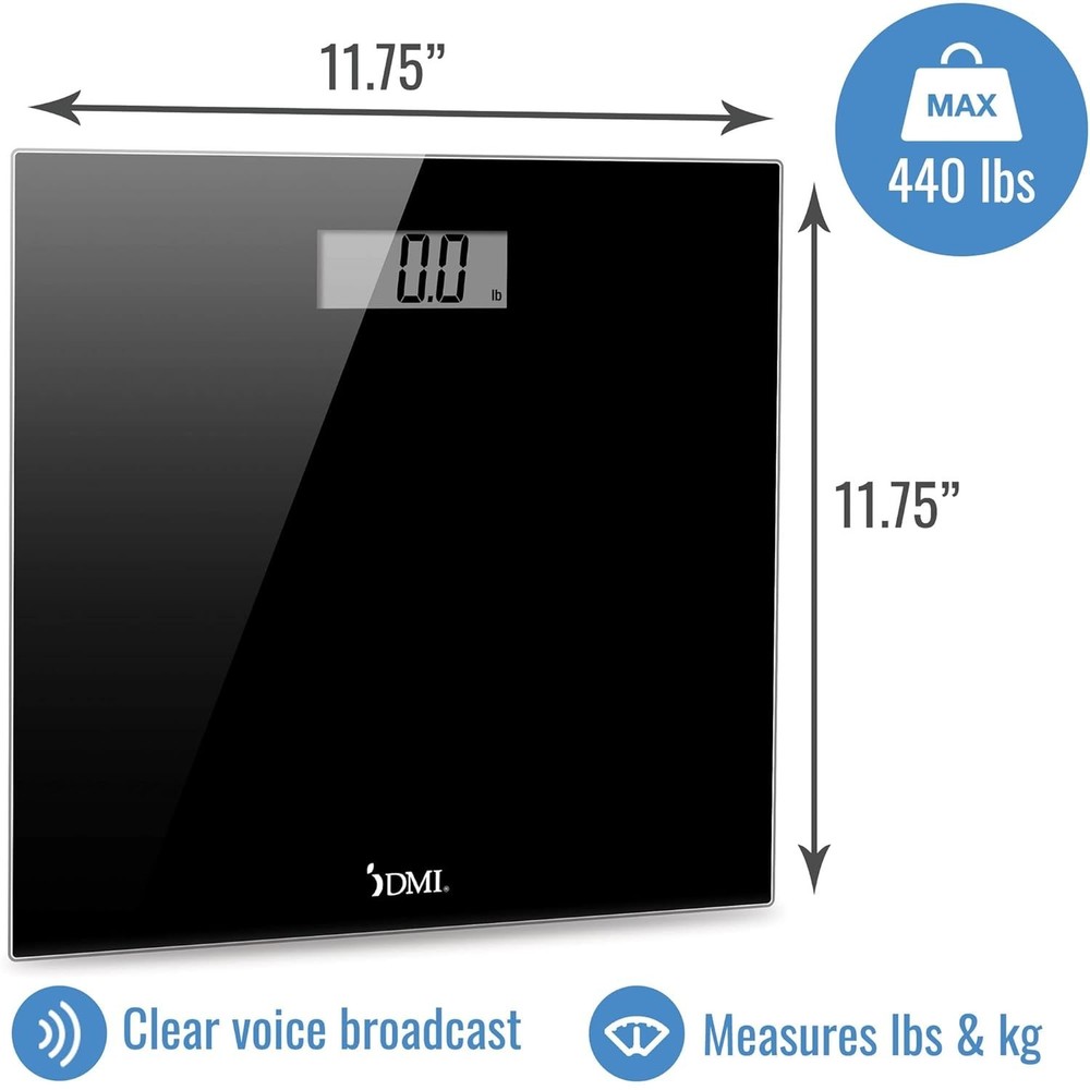 DMI Digital Talking Bathroom Scale, Sleek Tempered Glass, Clinically Black