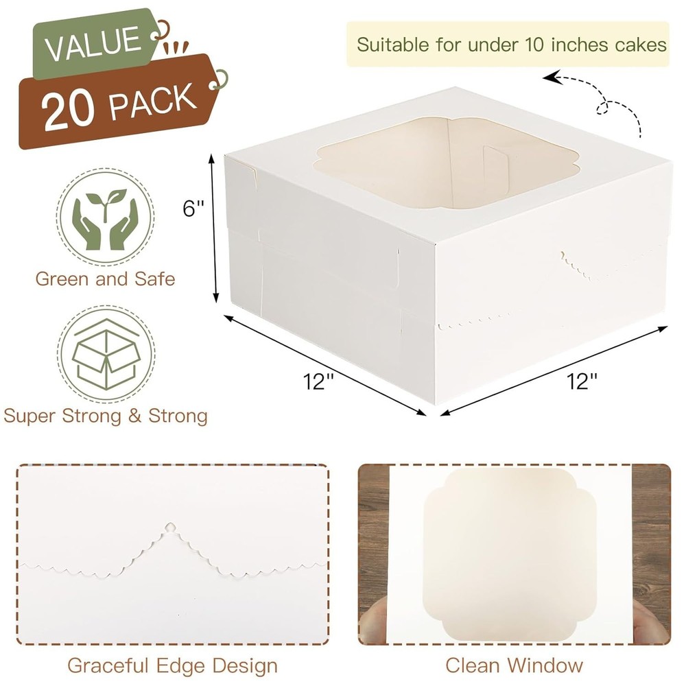 20pcs Cake Boxes, White Bakery Boxes 12x12x6Inch w/ Window