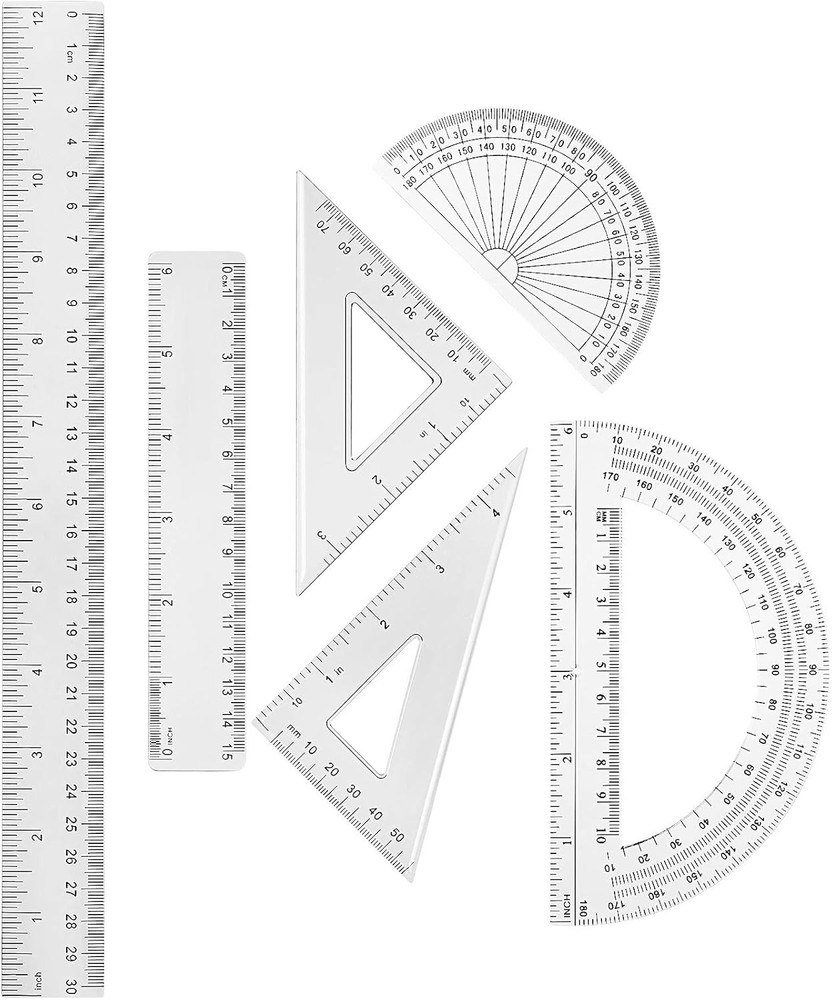 Tenare 1 Set Plastic Clear Math Set Includes Protractor Triangle Rulers 12 Inch