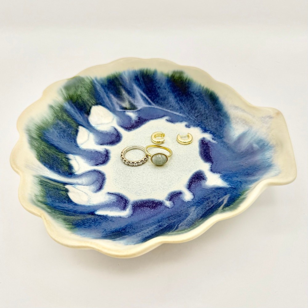 Studio Pottery Shell Dish – Signed SRP, Blue Green Drip Glaze, Handmade Ceramic