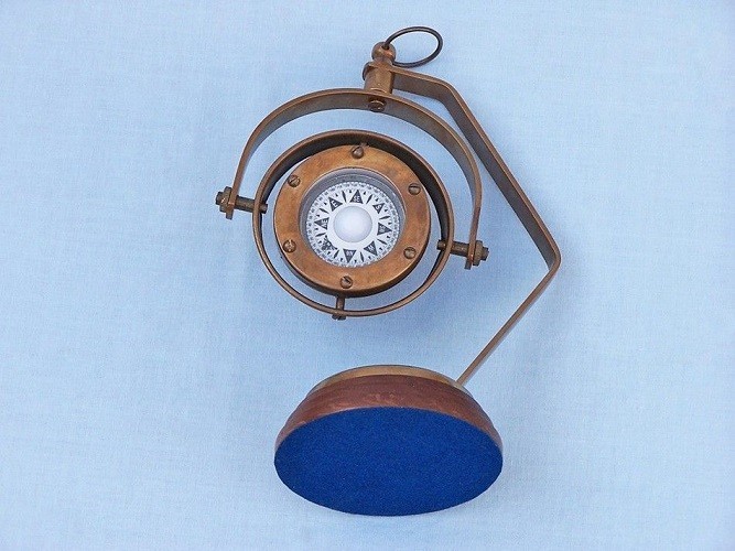 Polished Brass Compass with Solid Metal Pole and Wood Base