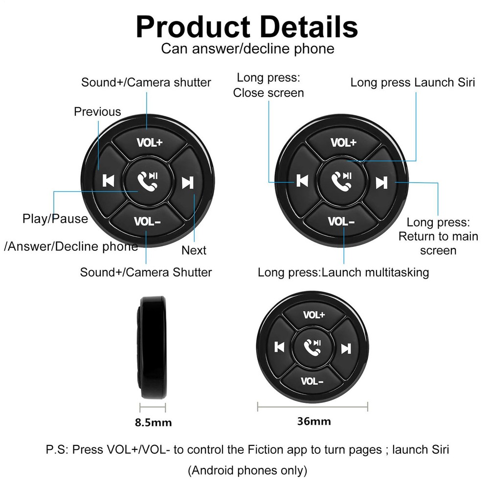 Bluetooth Wireless Media Button Car Steering Wheel Remote Control for Motorcycle