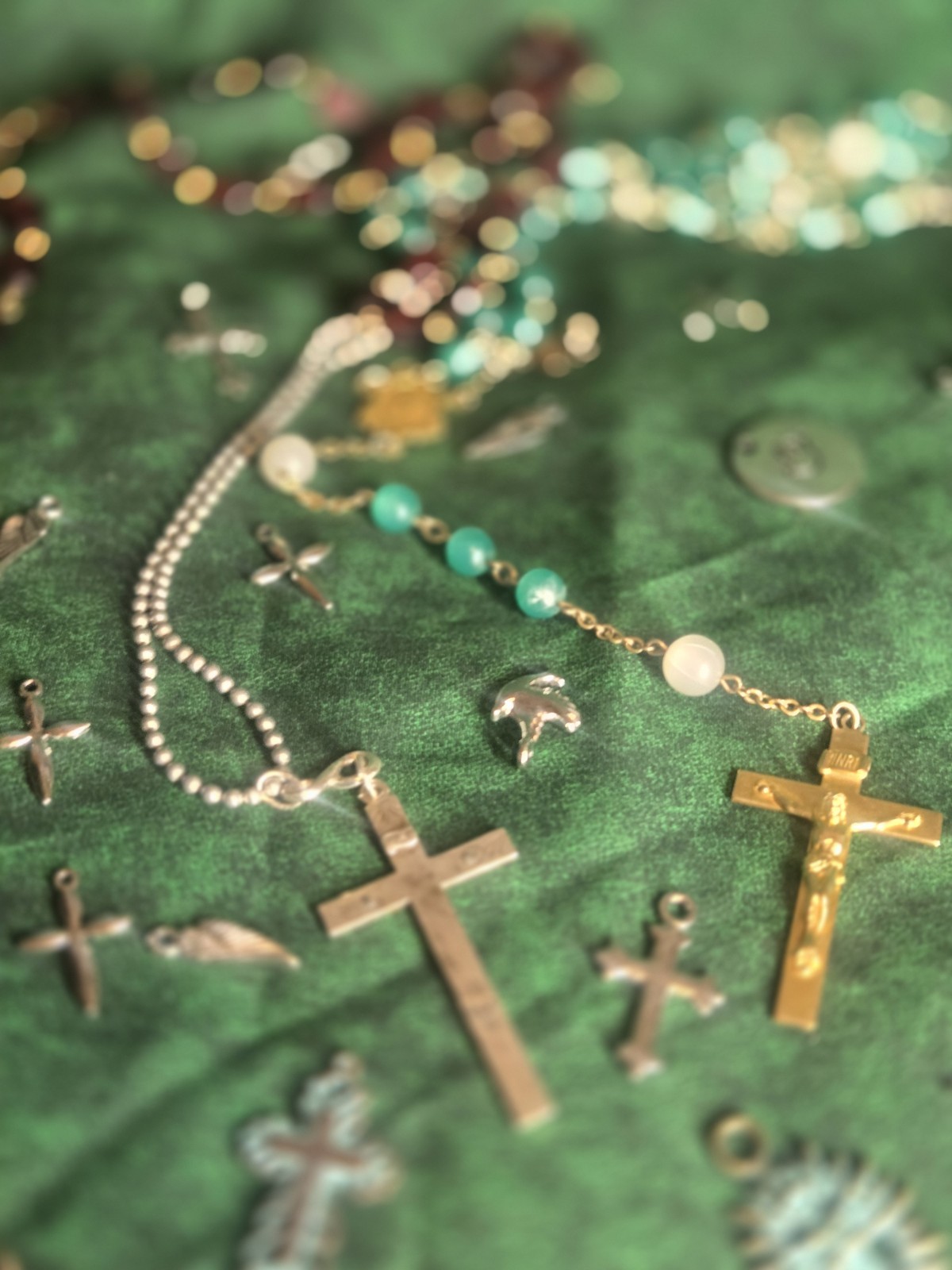 Huge Lot of Cross Necklaces, Pendants, Rosaries, Charms, 22k, sterling, hge.